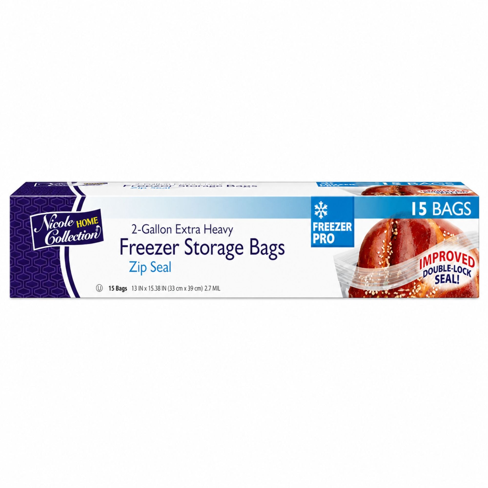 Nicole Home Collection 15 Count 2-Gallon Extra Heavy Freezer Storage Bags in a blue and white box with Freezer Pro and Improved Double-Lock Seal graphics.