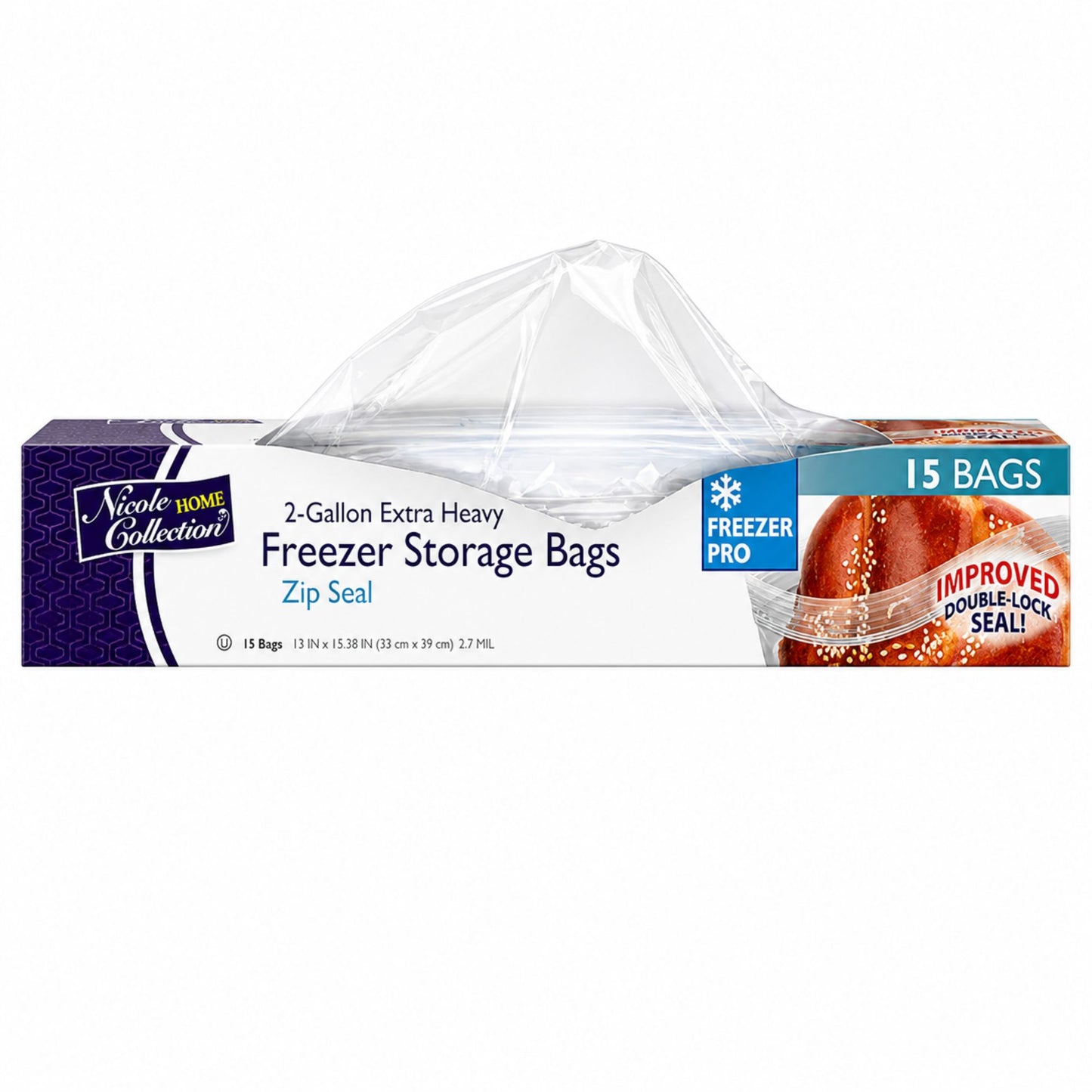 Nicole Home Collection 15 Count 2-Gallon Extra Heavy Freezer Storage Bags in a blue and white box with Freezer Pro and Improved Double-Lock Seal graphics.