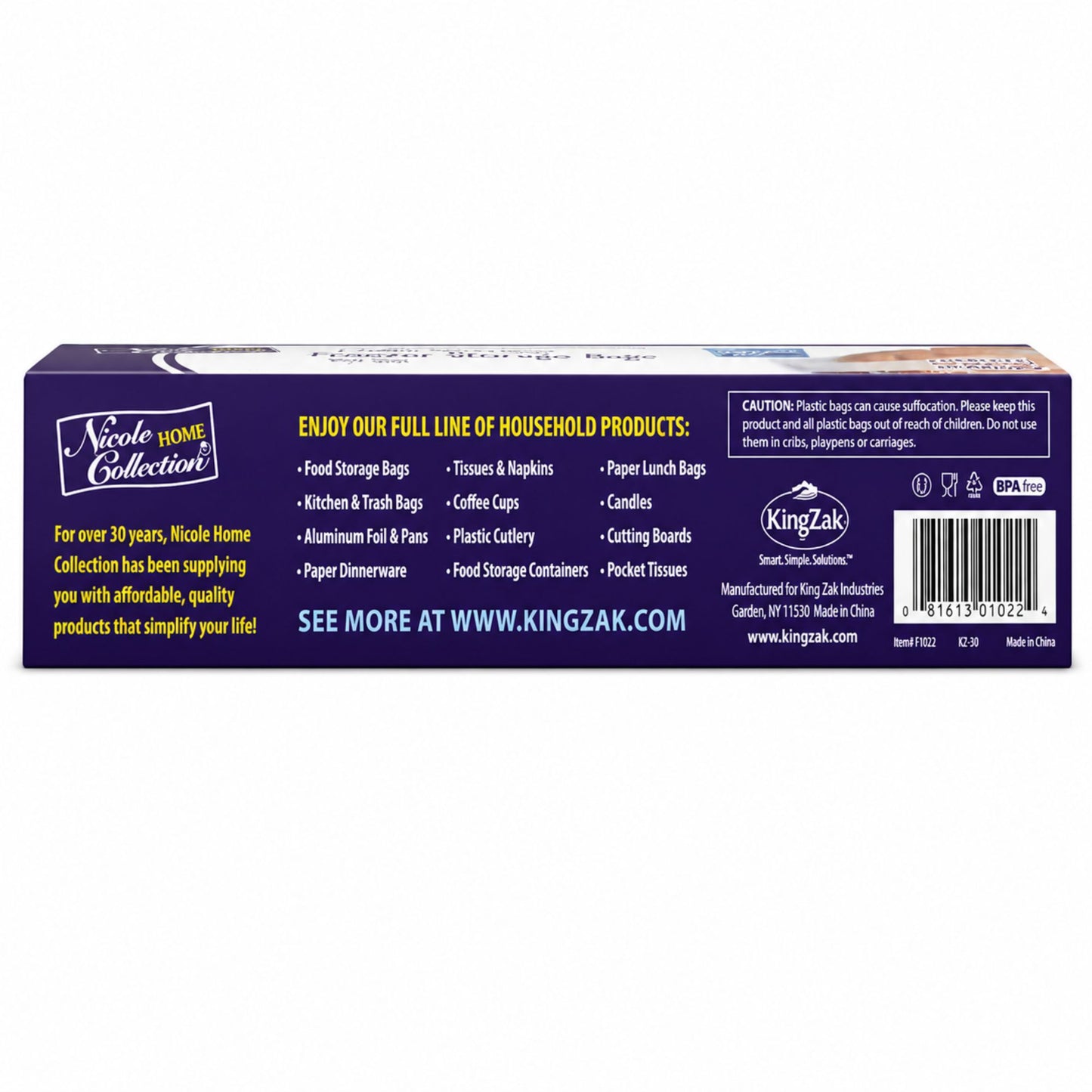Nicole Home Collection 15 Count 2-Gallon Extra Heavy Freezer Storage Bags in a blue and white box with Freezer Pro and Improved Double-Lock Seal graphics.