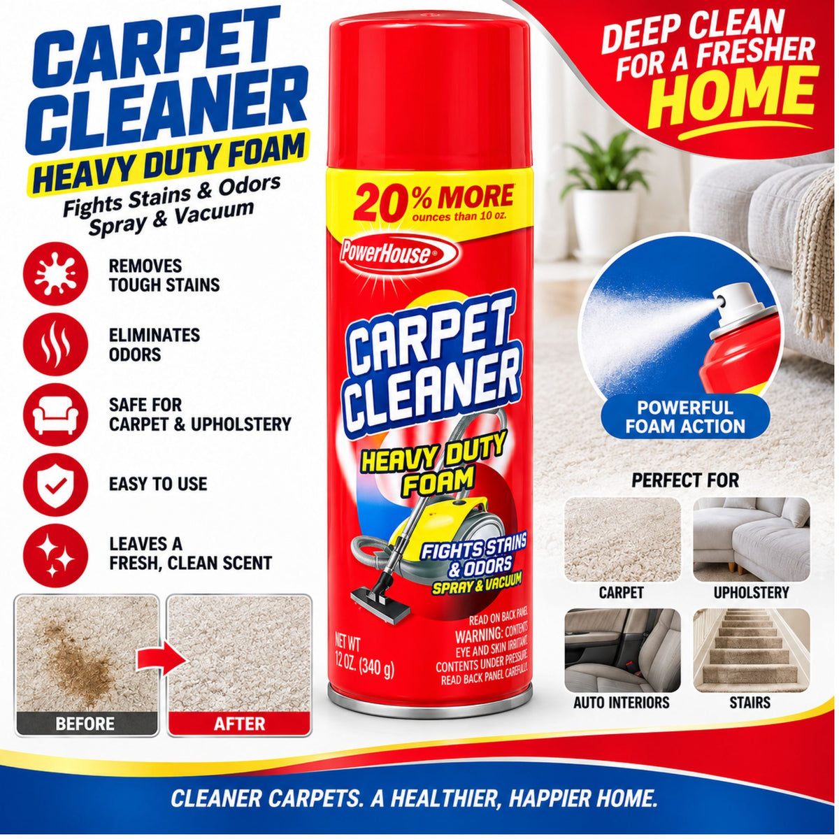 12oz Carpet Cleaner Foam: Heavy Duty Stain Odor Removal Spray PowerHouse