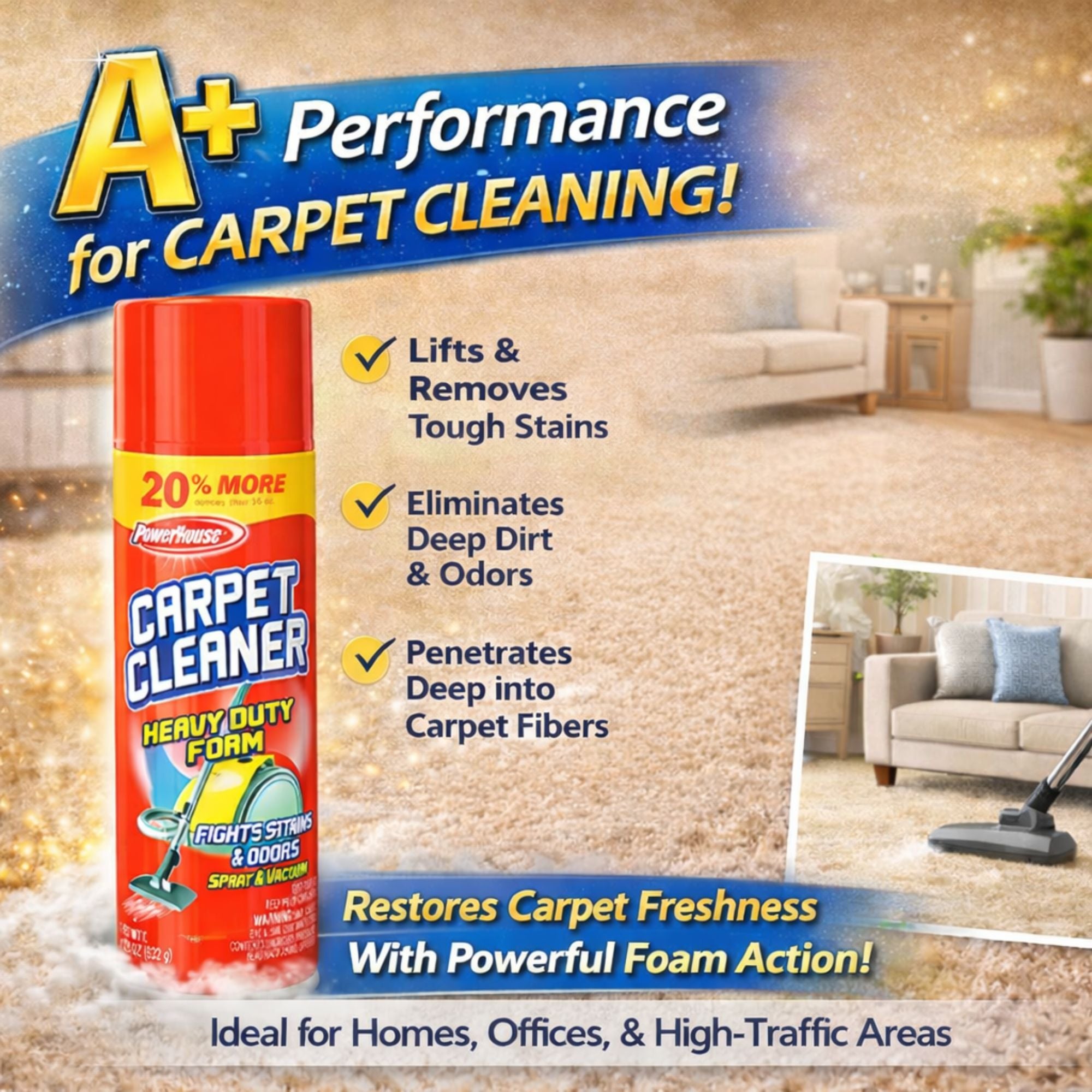 20oz Carpet Cleaner Foam: Heavy Duty Stain Odor Removal Spray PowerHouse product detail image