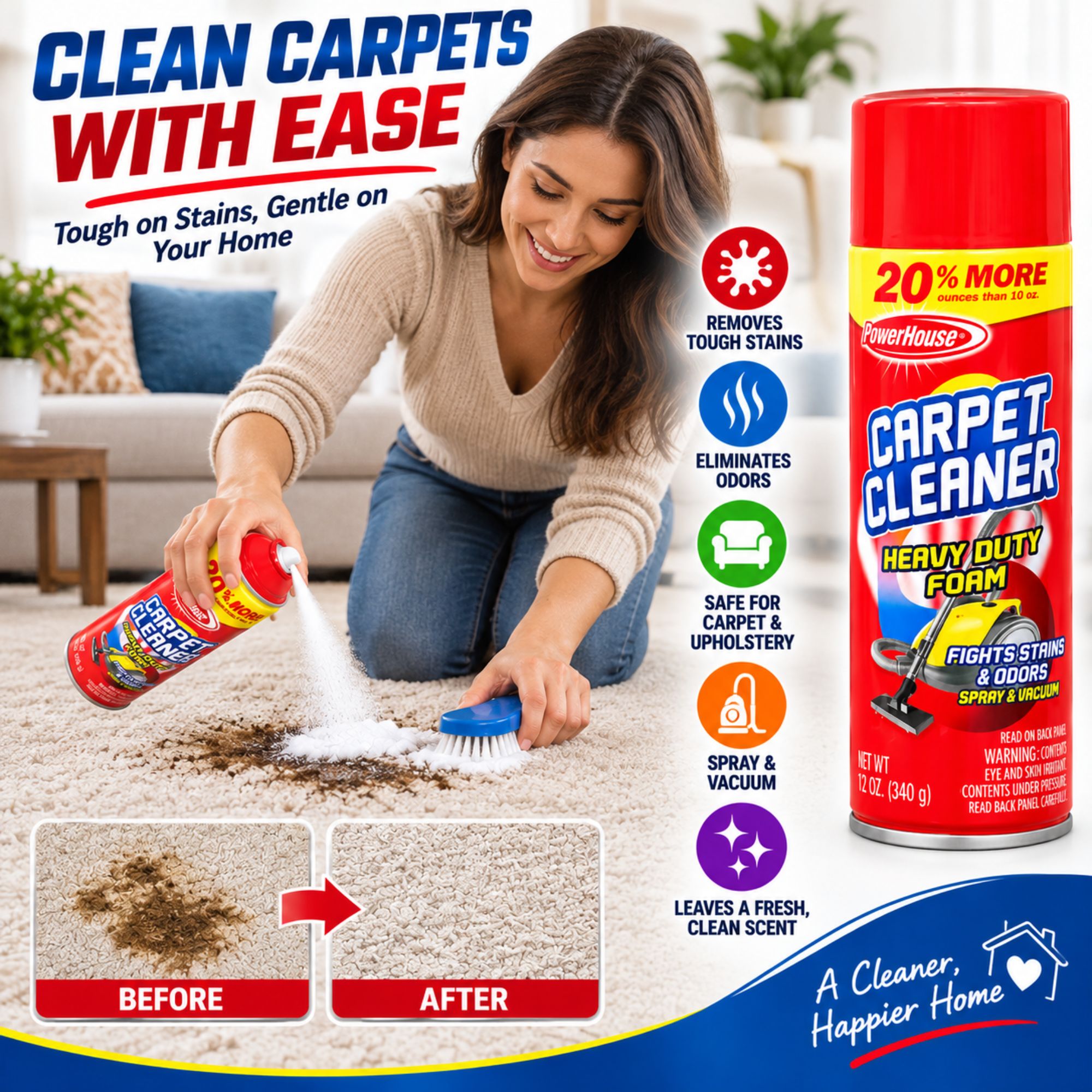 12oz Carpet Cleaner Foam: Heavy Duty Stain Odor Removal Spray PowerHouse