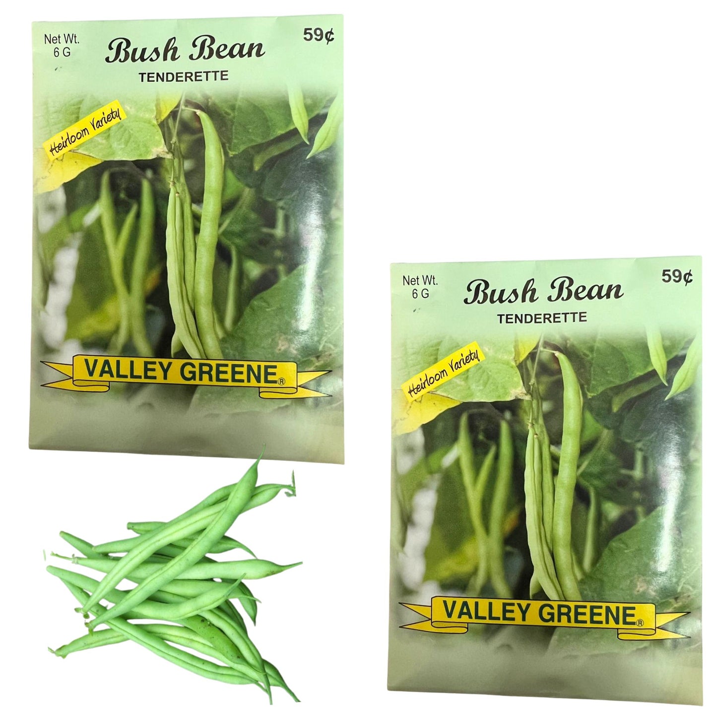 Two packages of Valley Greene Bush Bean Tenderette seeds on a white background