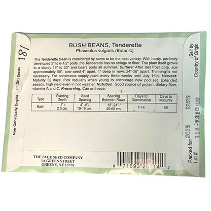 Seed packet for Bush Beans, Tenderette with planting instructions and details.
