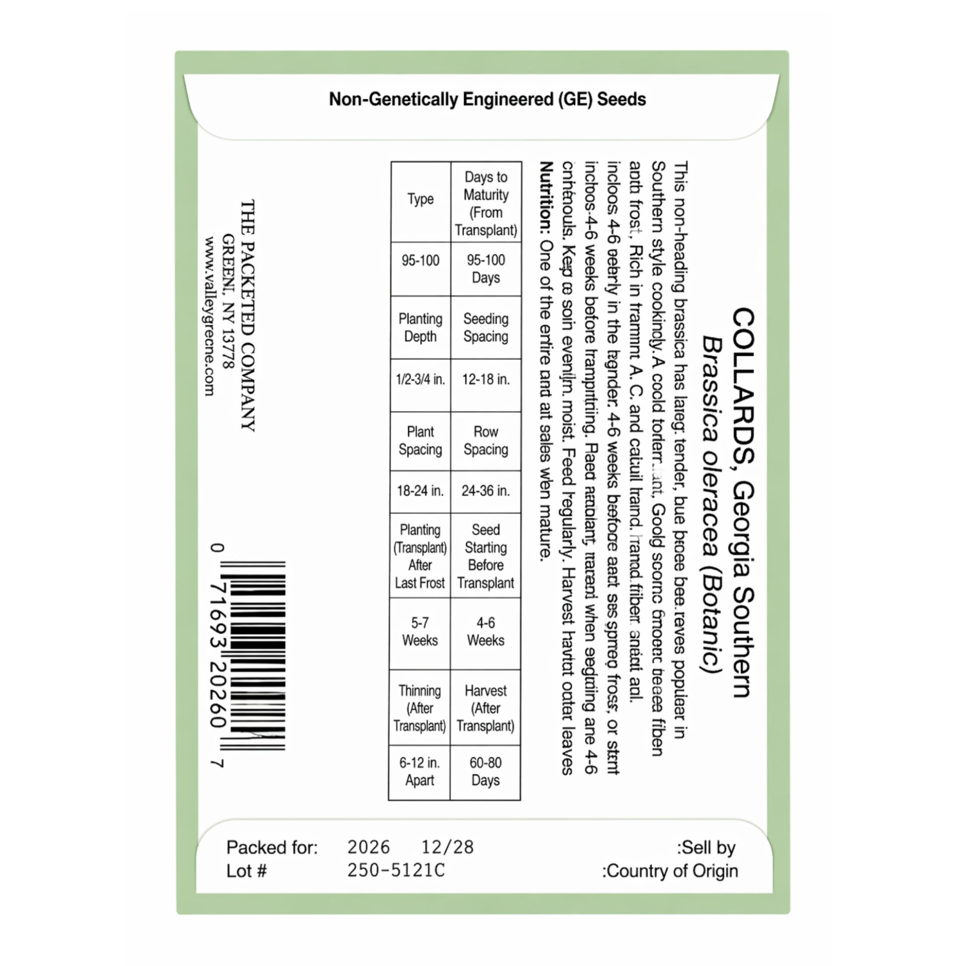 Collard Greens Heirloom Seed Pack Georgia Southern 800mg