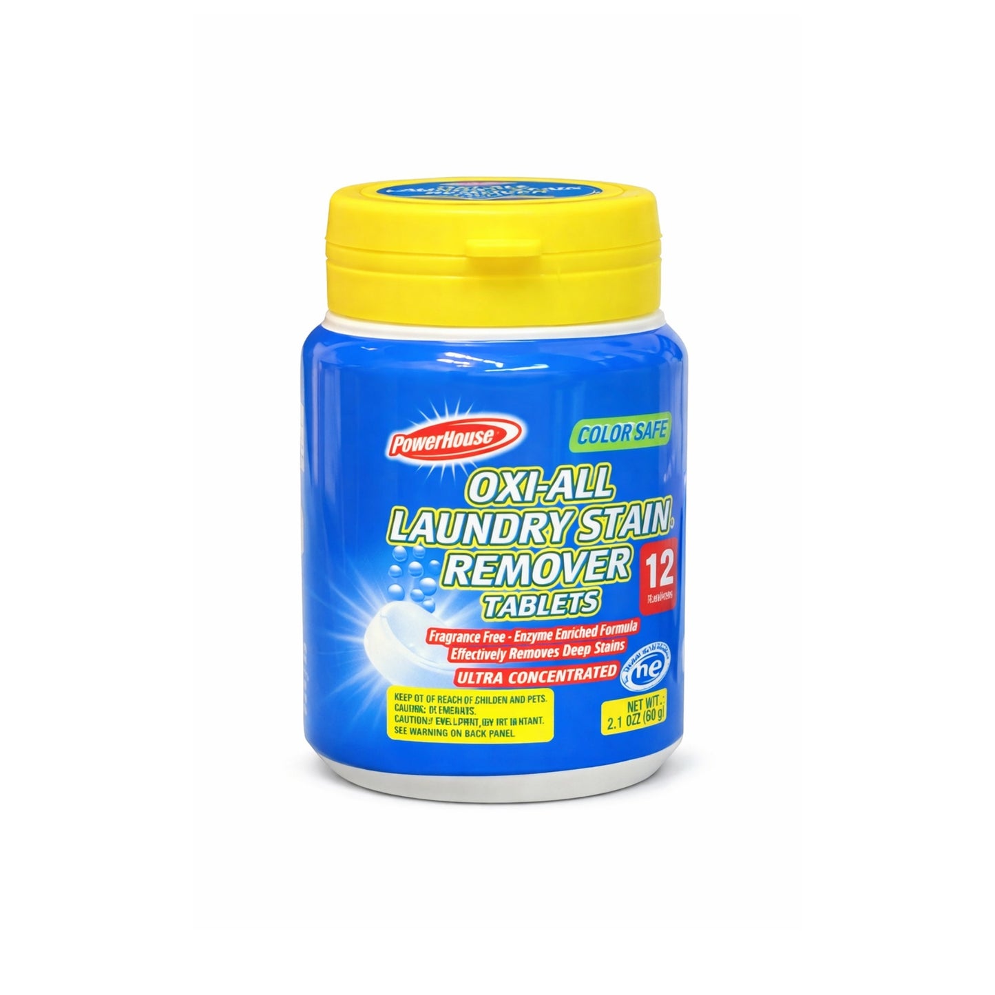 Blue and yellow container of Oxi-All laundry stain remover tablets on a white background