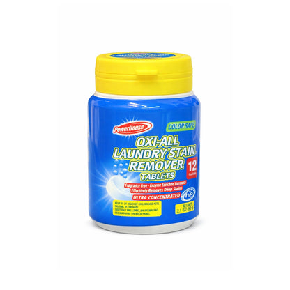 Blue and yellow container of Oxi-All laundry stain remover tablets on a white background