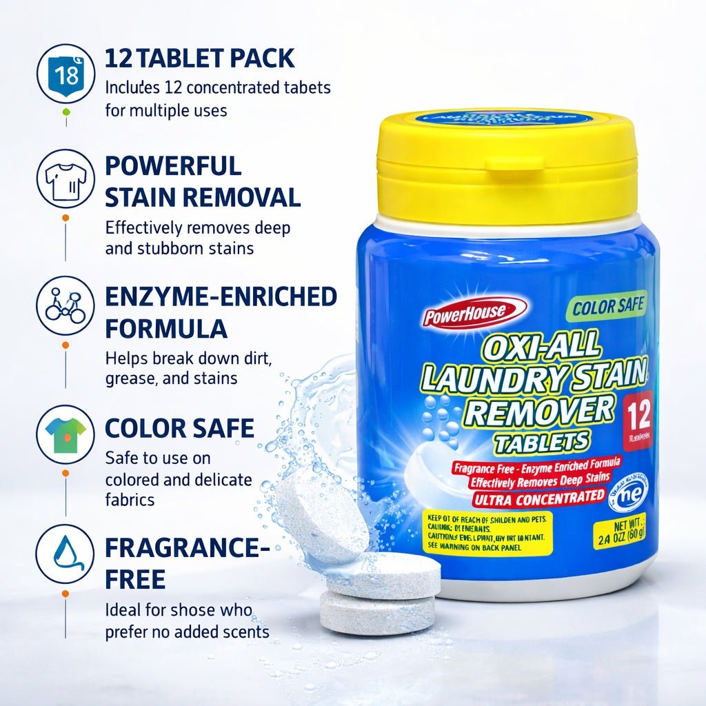 Powerhouse Oxi-All Laundry Stain Remover Tablets packaging with features listed on a white background
