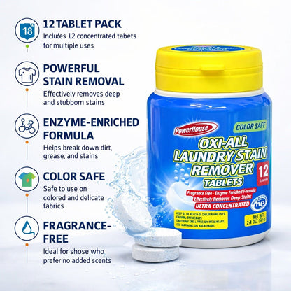 Powerhouse Oxi-All Laundry Stain Remover Tablets packaging with features listed on a white background