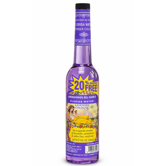 Laboratorios Del Pueblo Florida Water Lavender Cologne in a 9 fl. oz. clear bottle with purple liquid and a yellow "20% More Free" burst.