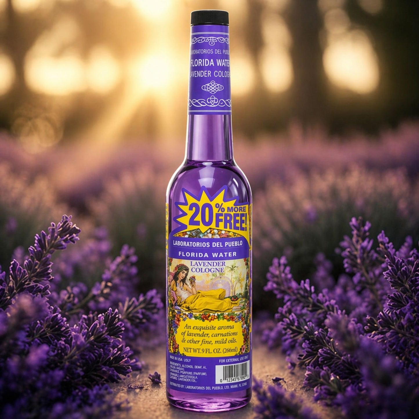 Laboratorios Del Pueblo Florida Water Lavender Cologne in a 9 fl. oz. clear bottle with purple liquid and a yellow "20% More Free" burst.