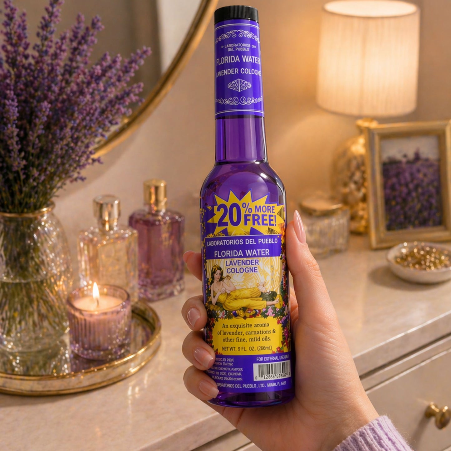 Laboratorios Del Pueblo Florida Water Lavender Cologne in a 9 fl. oz. clear bottle with purple liquid and a yellow "20% More Free" burst.