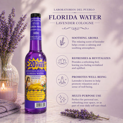 Laboratorios Del Pueblo Florida Water Lavender Cologne in a 9 fl. oz. clear bottle with purple liquid and a yellow "20% More Free" burst.