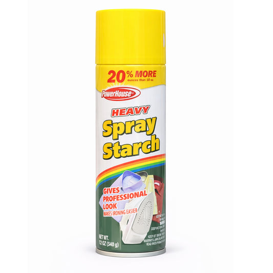Can of PowerHouse Heavy Spray Starch on a white background