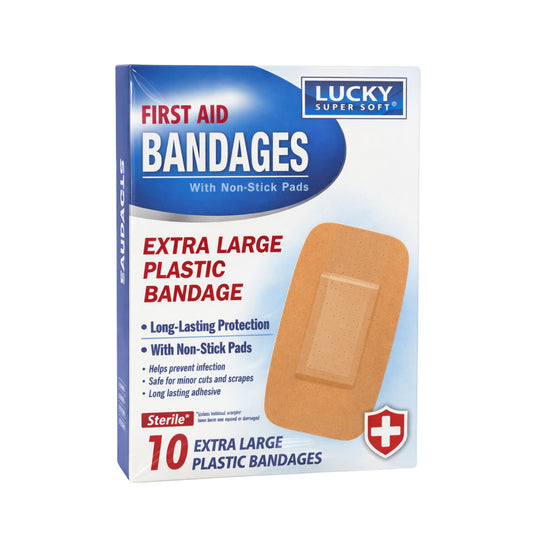 Box of Lucky Super Soft first aid bandages with an extra large plastic bandage on a white background