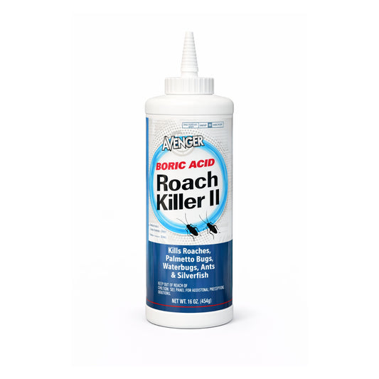 Bottle of Avenger Boric Acid Roach Killer II on a white background