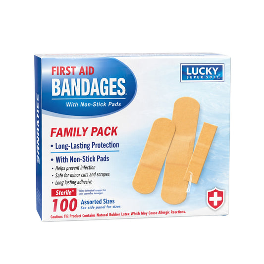 Box of Lucky first aid bandages on a white background