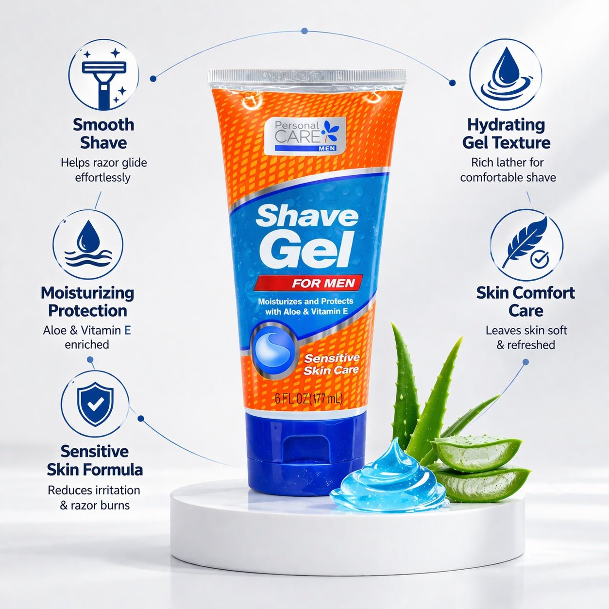 Shave gel tube with aloe vera leaves and text highlighting features on a white background