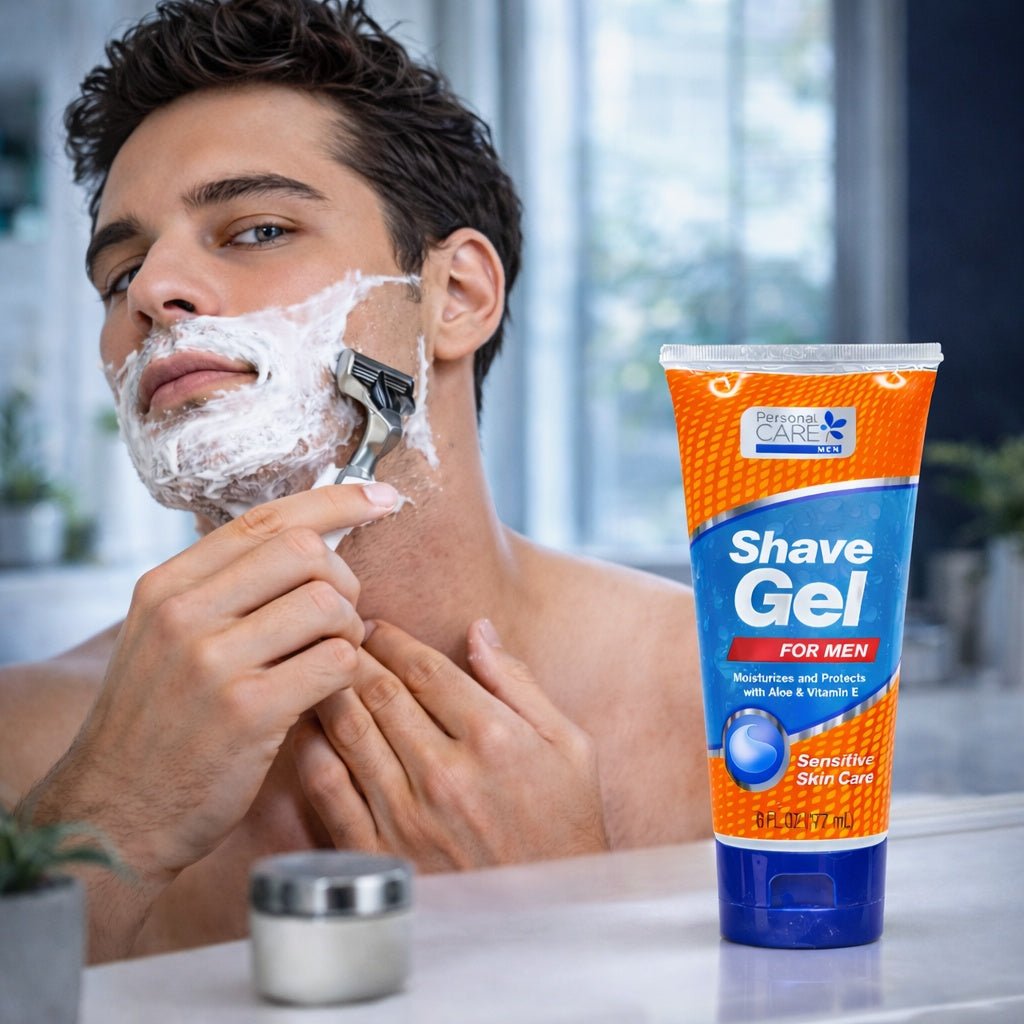 Man shaving with a razor and a tube of Shave Gel for Men on a bathroom counter.