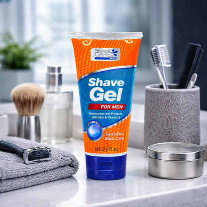 Shave gel tube on a bathroom counter with grooming items.