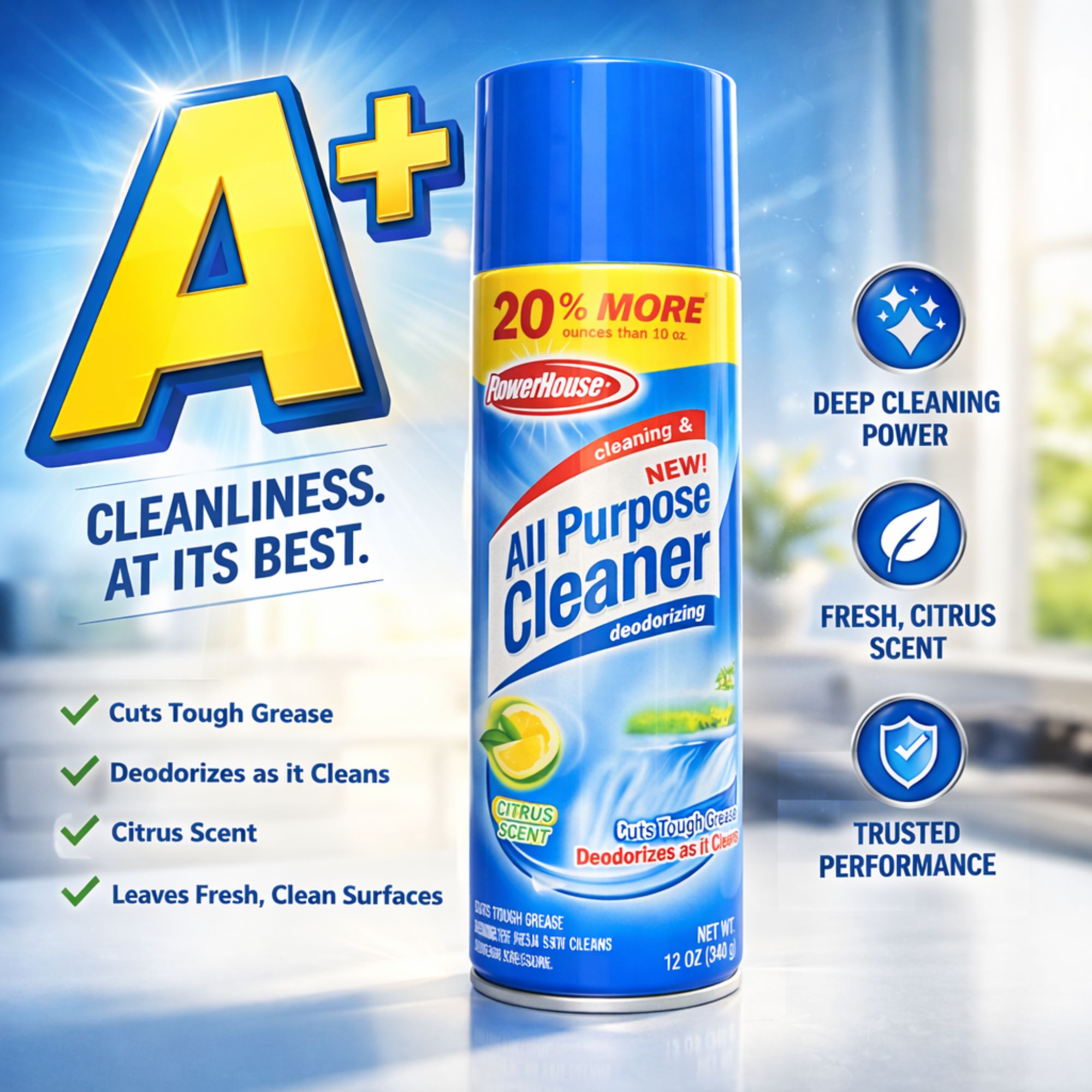 12oz All Purpose Cleaner Spray: Citrus Scent Degreaser Deodorizer PowerHouse - 99Everything