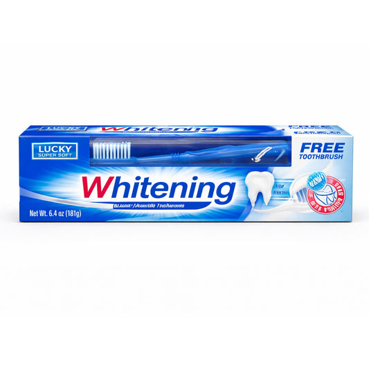 Box of Lucky Whitening toothpaste with a free toothbrush on a white background