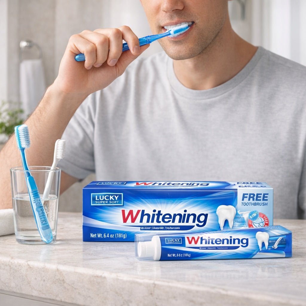 6.4 oz Whitening Anti Cavity Fluoride Toothpaste with Free Toothbrush size and feature image