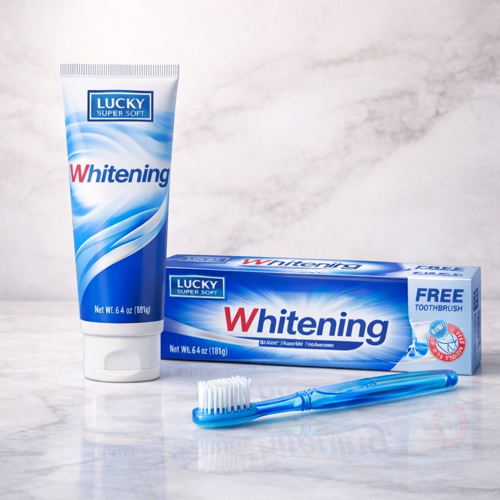 6.4 oz Whitening Anti Cavity Fluoride Toothpaste with Free Toothbrush lifestyle use image