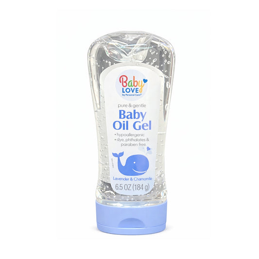 Baby oil gel bottle with clear container and blue cap on a white background