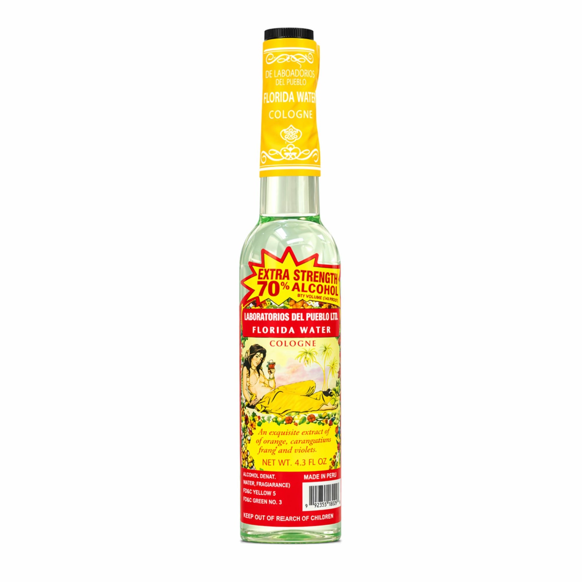 Laboratorios Del Pueblo Extra Strength Florida Water Cologne in a 4.3 fl. oz. bottle with a yellow neck wrap and a red "Extra Strength 70% Alcohol" burst.