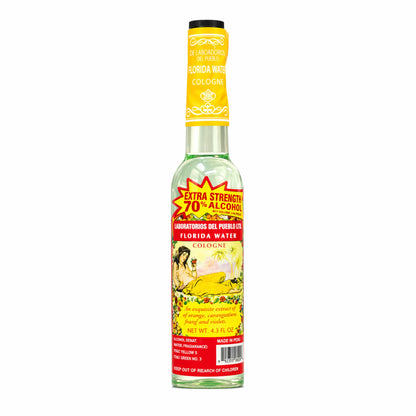 Laboratorios Del Pueblo Extra Strength Florida Water Cologne in a 4.3 fl. oz. bottle with a yellow neck wrap and a red "Extra Strength 70% Alcohol" burst.