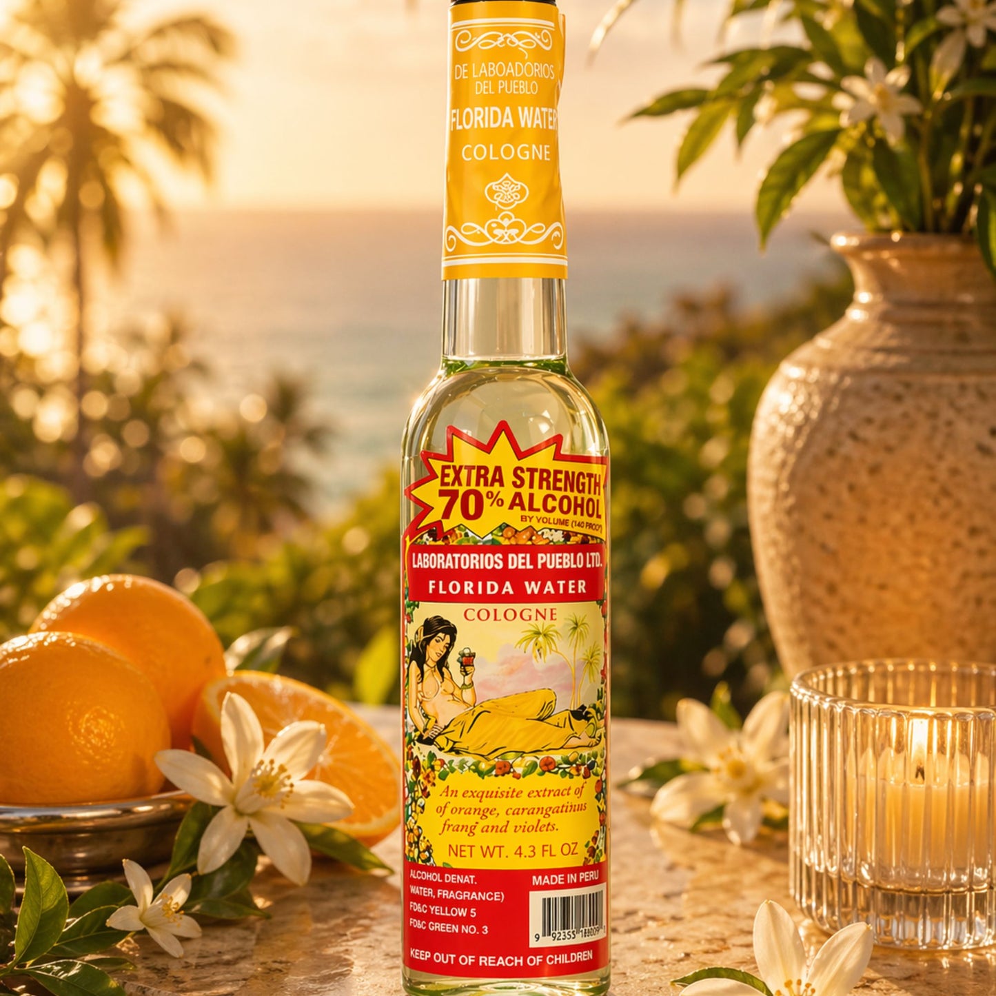 Laboratorios Del Pueblo Extra Strength Florida Water Cologne in a 4.3 fl. oz. bottle with a yellow neck wrap and a red "Extra Strength 70% Alcohol" burst.