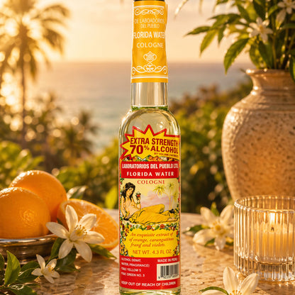 Laboratorios Del Pueblo Extra Strength Florida Water Cologne in a 4.3 fl. oz. bottle with a yellow neck wrap and a red "Extra Strength 70% Alcohol" burst.