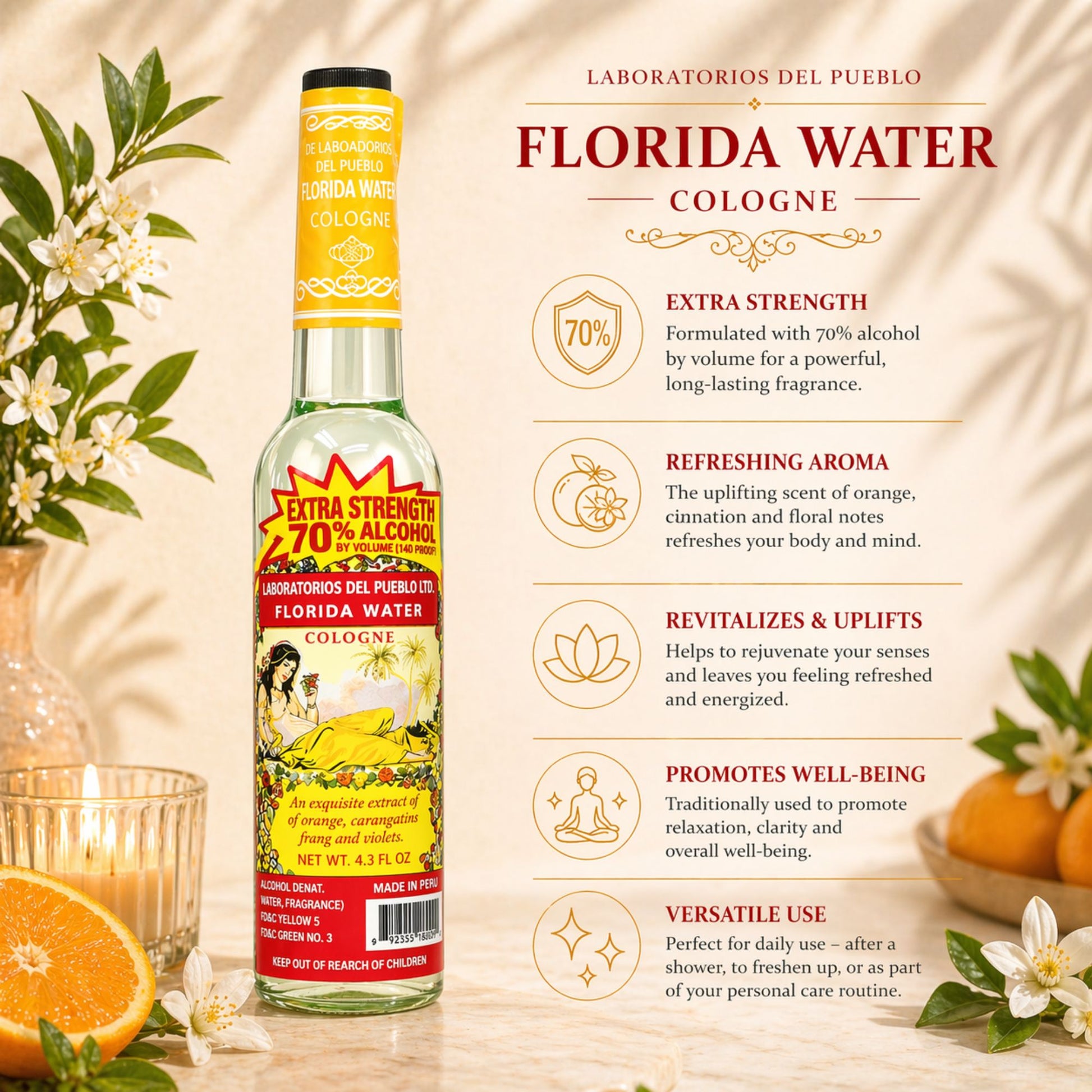 Laboratorios Del Pueblo Extra Strength Florida Water Cologne in a 4.3 fl. oz. bottle with a yellow neck wrap and a red "Extra Strength 70% Alcohol" burst.