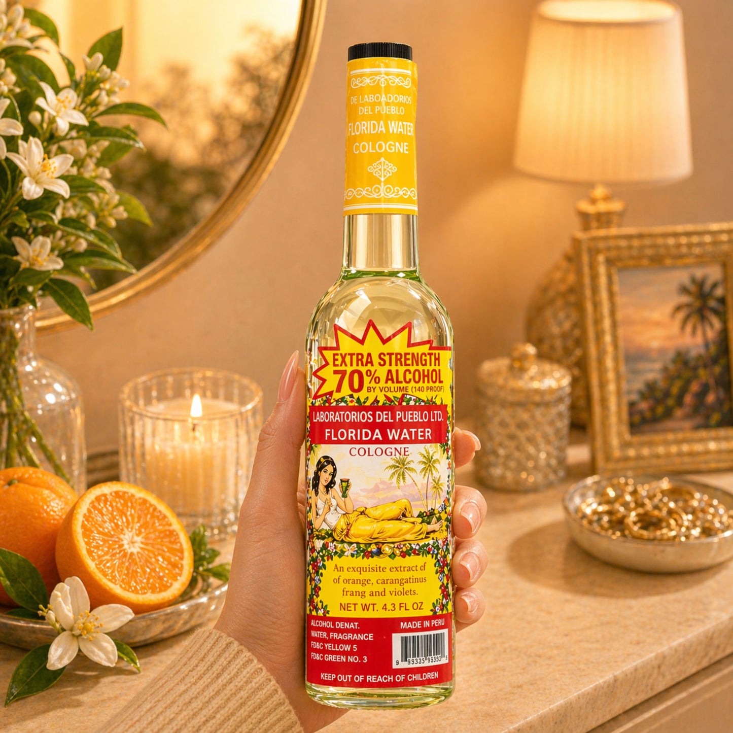 Laboratorios Del Pueblo Extra Strength Florida Water Cologne in a 4.3 fl. oz. bottle with a yellow neck wrap and a red "Extra Strength 70% Alcohol" burst.