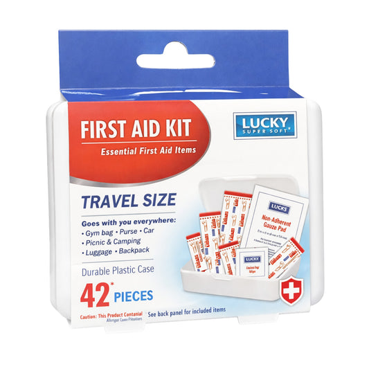 First aid kit packaging with Lucky Super Soft branding on a white background