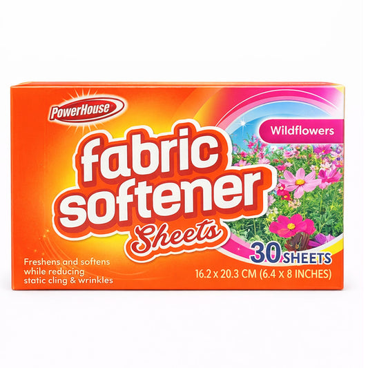 PowerHouse Fabric Softener Sheets Wildflowers orange box 30 sheets reduces static cling and wrinkles freshens and softens clothes