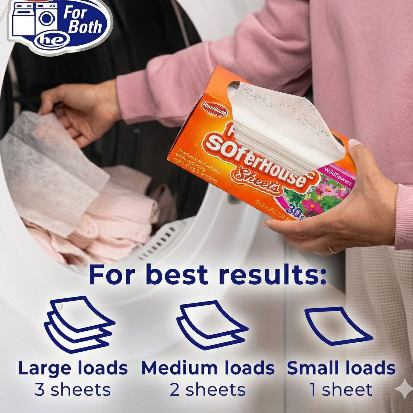 PowerHouse Fabric Softener Sheets Wildflowers orange box 30 sheets reduces static cling and wrinkles freshens and softens clothes