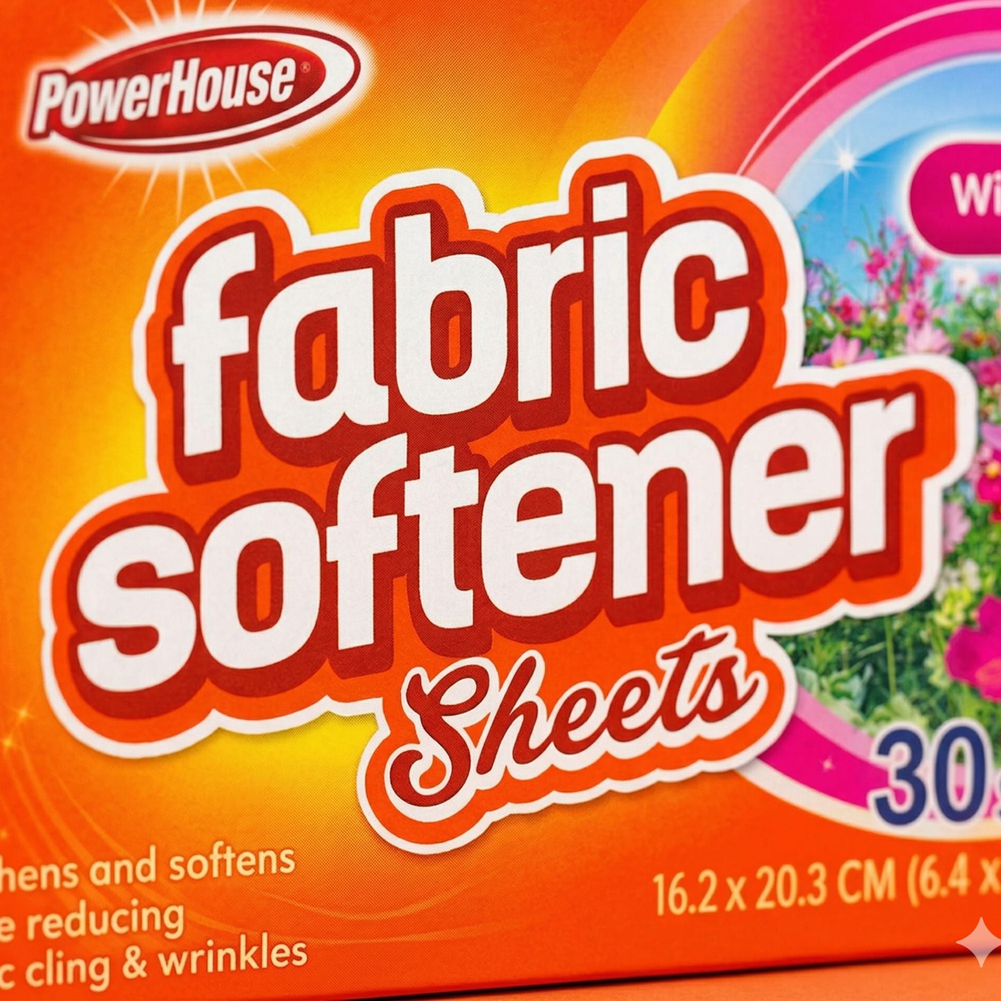PowerHouse Fabric Softener Sheets Wildflowers orange box 30 sheets reduces static cling and wrinkles freshens and softens clothes