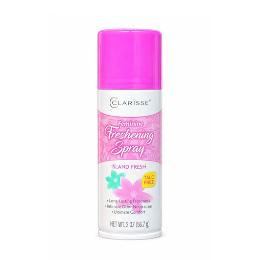 Clarisse Feminine Freshening Spray can with pink lid and label on a white background