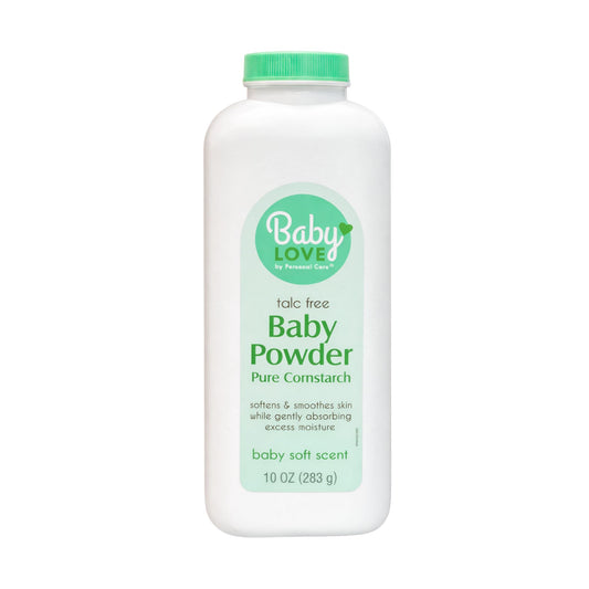 Baby powder bottle with green cap and label on a white background