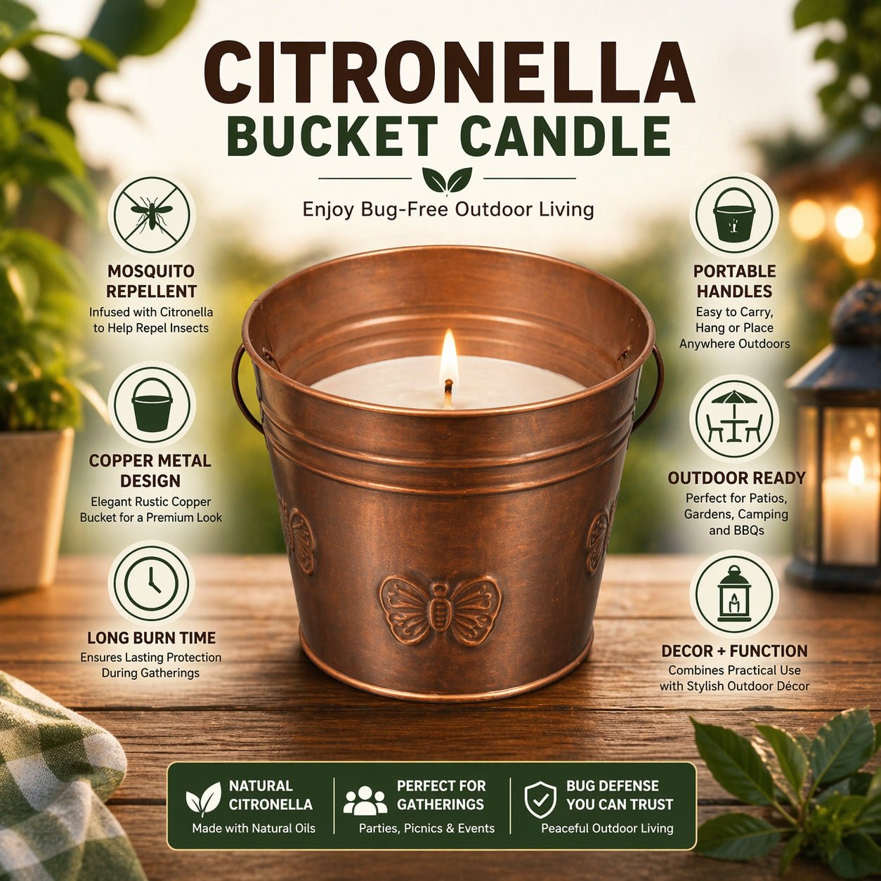 Copper bucket candle with features listed on a wooden surface outdoors.
