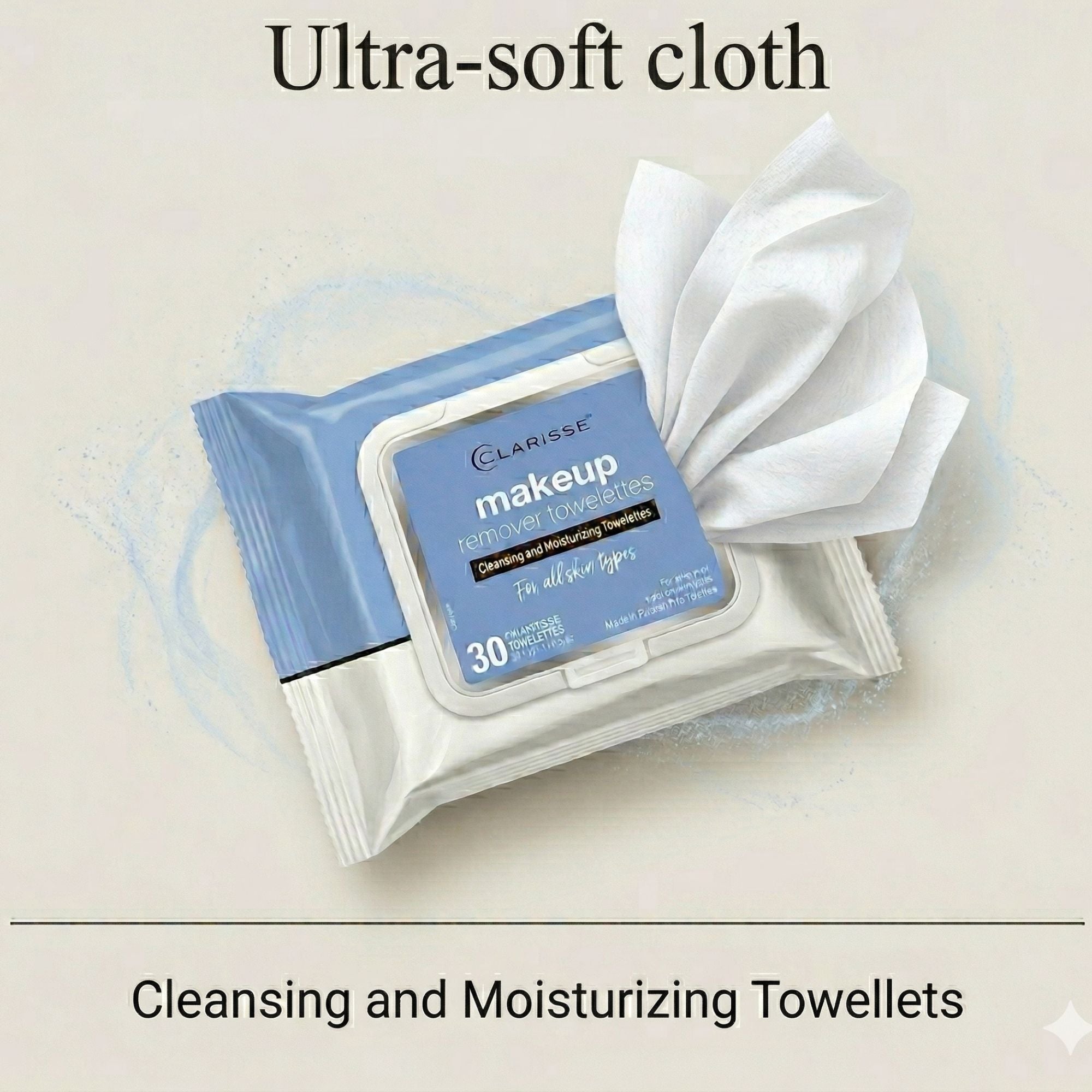30 ct Clarisse Makeup Remover Towelettes All Skin Types size and feature image