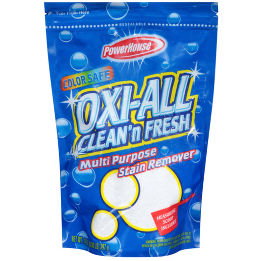 Package of Powerhouse Oxi-All Clean 'n Fresh multi-purpose stain remover on a white background