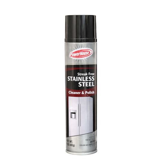 Can of Powerhouse Streak Free Stainless Steel Cleaner & Polish on a white background