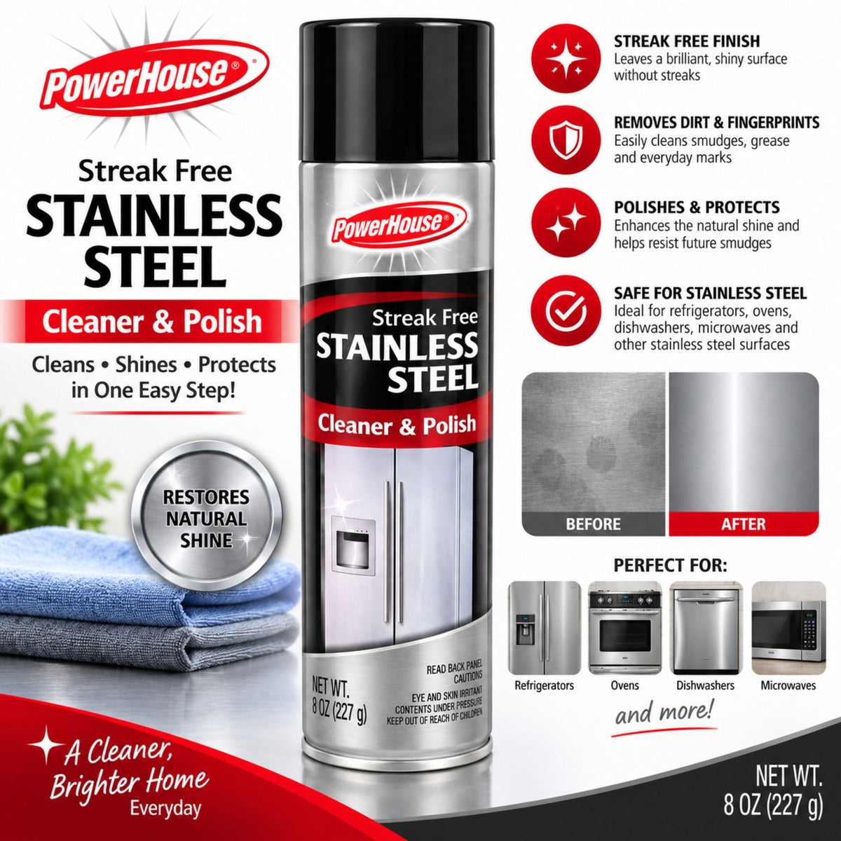 PowerHouse Streak Free Stainless Steel Cleaner & Polish spray can shown on a white background with promotional text, before/after stainless steel surface examples, and small appliance usage images.