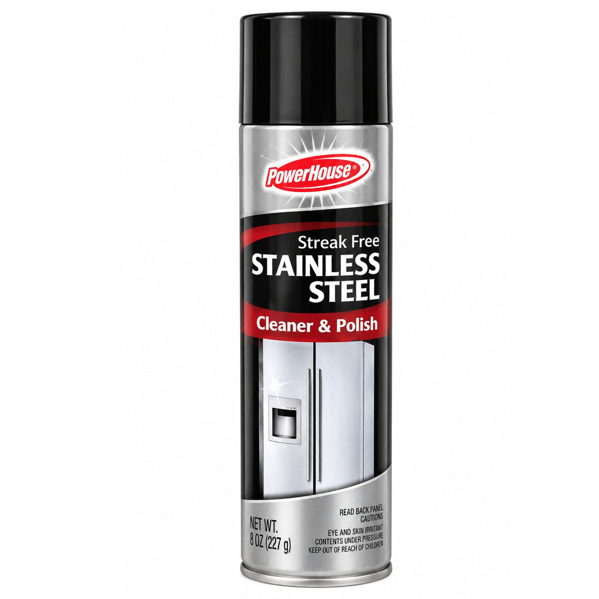 PowerHouse Streak Free Stainless Steel Cleaner & Polish spray can, 8 oz, featuring a black and silver label with a red PowerHouse logo on a white background.