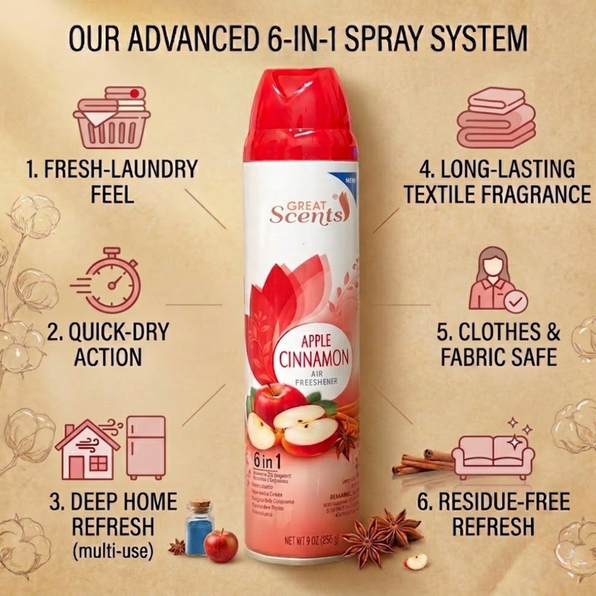 9 oz Great Scents Apple Cinnamon Air Freshener Spray Air Freshioner size and feature image