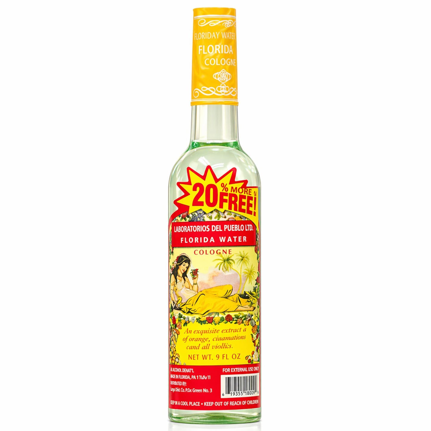 Laboratorios Del Pueblo Florida Water Cologne in a 9 fl. oz. clear bottle with a yellow neck wrap and a red "20% More Free" burst.