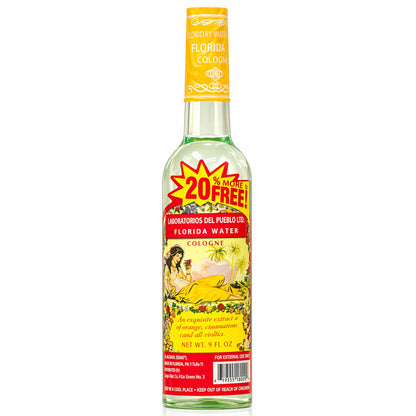 Laboratorios Del Pueblo Florida Water Cologne in a 9 fl. oz. clear bottle with a yellow neck wrap and a red "20% More Free" burst.